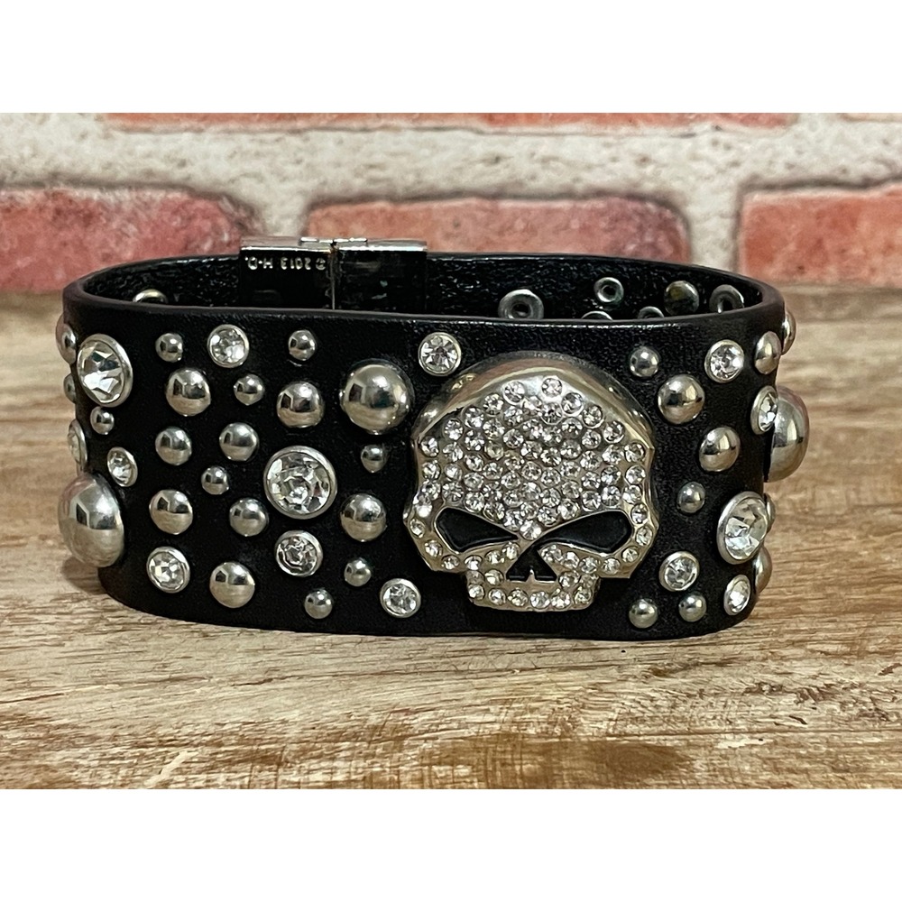 Harley Davidson Black Leather Skull Studded Crystal Cuff Bracelet Magnetic Clasp